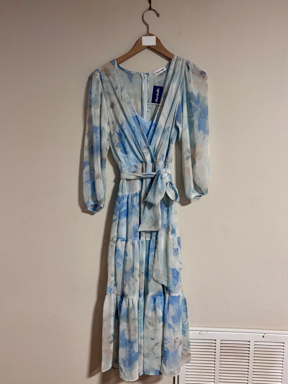 Calvin Klein Blue and Cream Floral Maxi Wrap Dress